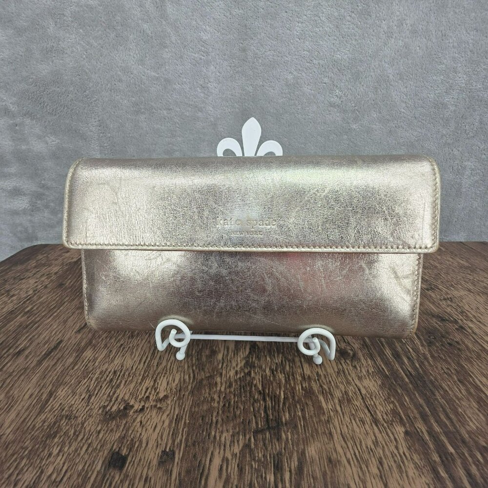 Kate Spade Jane Street Maria Large Wallet Trifold Checkbook Metallic Gold Pink